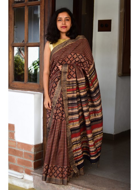 Red, Handwoven Organic Cotton, Textured Weave , Natural dye, Hand block printed, Occasion Wear, Jari, Ajrakh Saree (NO BLOUSE)